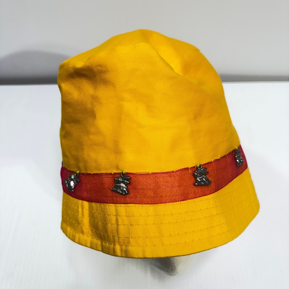 Yellow Bucket Hat with Orange Ribbon and Silver Bunny Charms Bow Detail Kawaii
